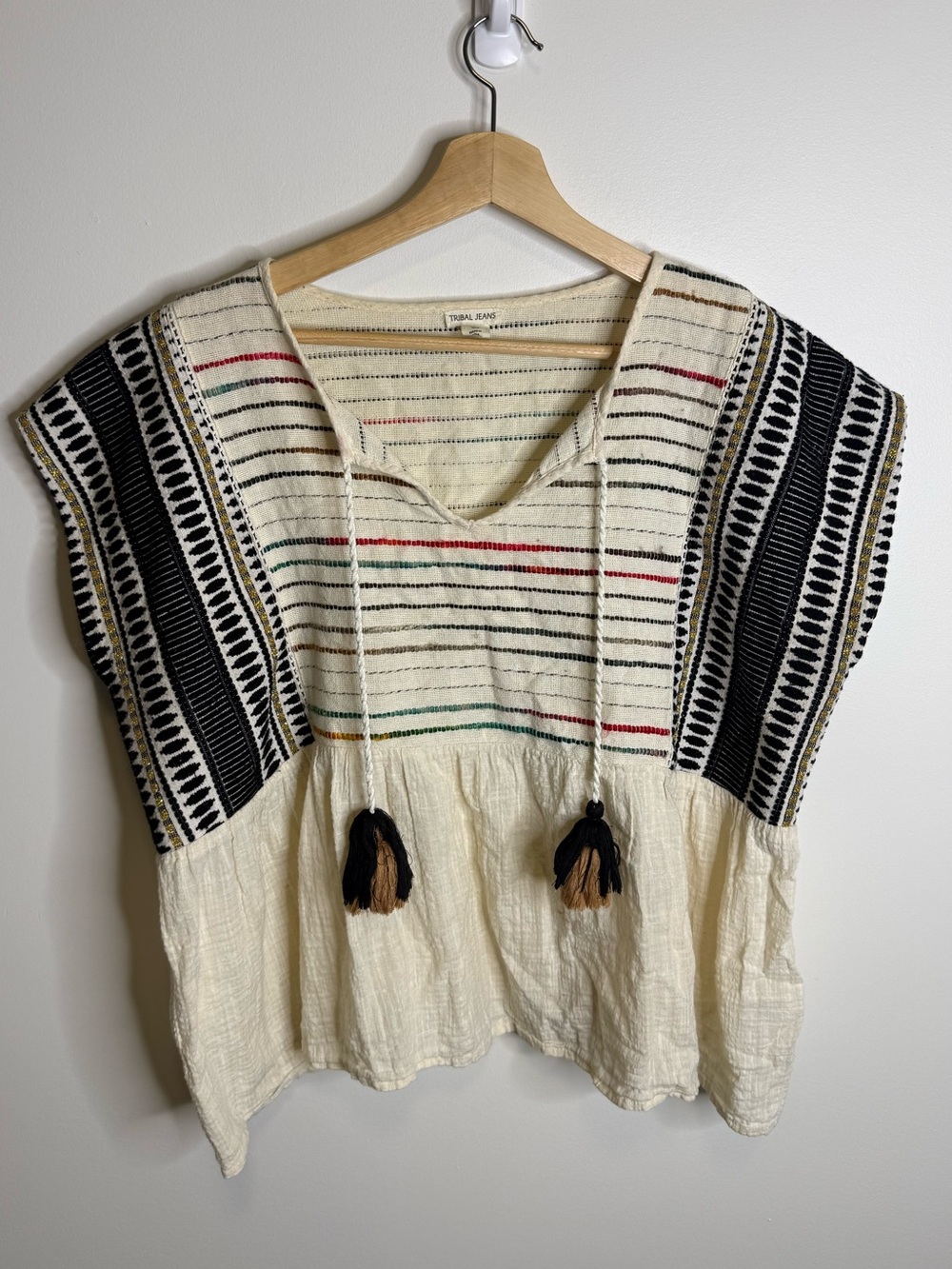 Tribal Cream Peasant Blouse with Black Embroidered Panels and Tasseled Ties XL